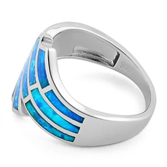 925 STERLING SILVER Lab Created Blue Fire Opal Wave Ring - Picture 15 of 16
